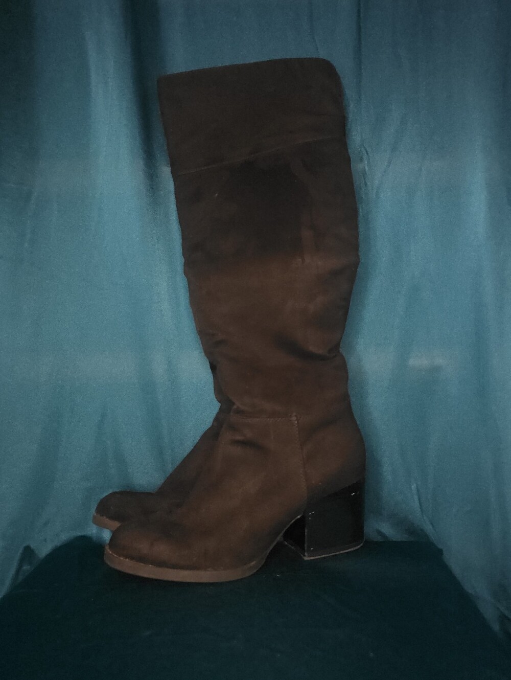 Black Suede Knee-High Block Heel Boots